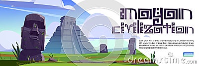 Mayan civilization cartoon web banner with statues Vector Illustration