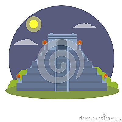 Mayan pyramid. Ancient American culture. Building in green jungle Vector Illustration