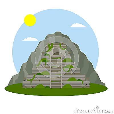 Mayan pyramid. Ancient American culture. Building in green jungle Vector Illustration