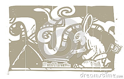 Mayan Rabbit Scribe Woodblock Vector Illustration