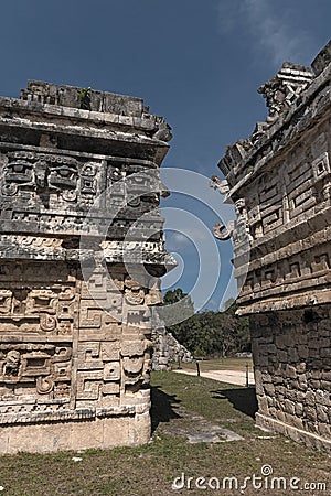 Mayan stone reliefs in Chichen Itza, Yucatan, Mexico, Stock Photo