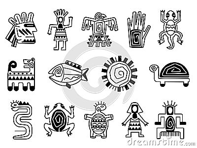 Mayan totem symbols, tattoo ethnic signs. Ornate aztec mythology, mexican indian or inca mythological tradition decent Vector Illustration