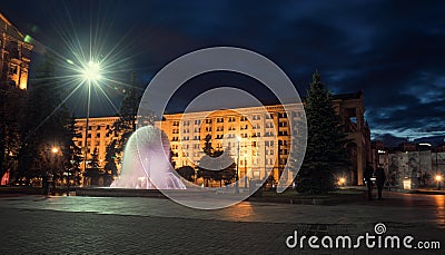 Maydan Nezalezhnost. Independence Square. Fountain on Khreshchatyk. Nighttime Kiev. Editorial Stock Photo