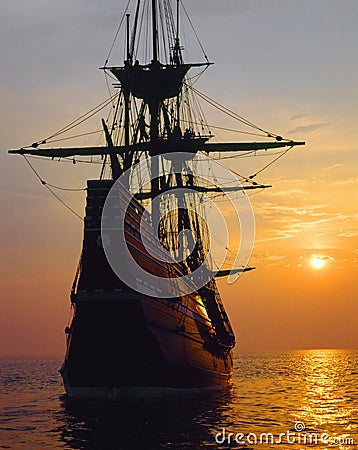 Mayflower II replica at sunset, Stock Photo