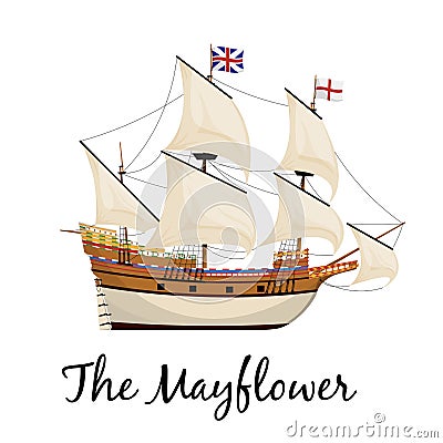 The Mayflower ship. Pilgrim ship. Cartoon vector illustration Vector Illustration