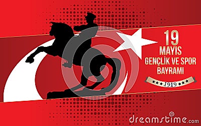 19 mayis Ataturk`u Anma, Genclik ve Spor Bayrami greeting card design. 19 may Commemoration of Ataturk, Youth and Sports Day. Vec Vector Illustration