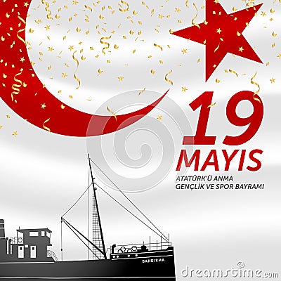 19 May, Commemoration of Ataturk, Youth and Sports Day Turkey celebration card. Vector Illustration