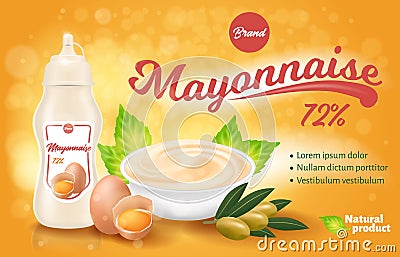 Mayonnaise Bottle and Plate with Product, Banner Vector Illustration