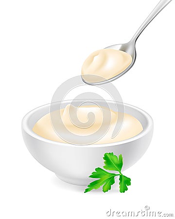 Mayonnaise in a bowl and spoon Vector Illustration