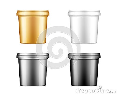 Mayonnaise buckets with cap mockup. Plastic package design Vector Illustration