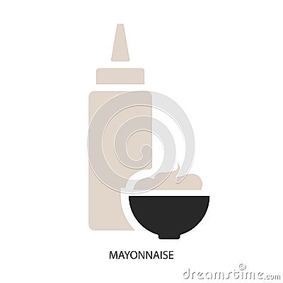 Mayonnaise. Delicious white sauce made of eggs and vegetable oil in a bottle and a serving bowl. Vector Illustration