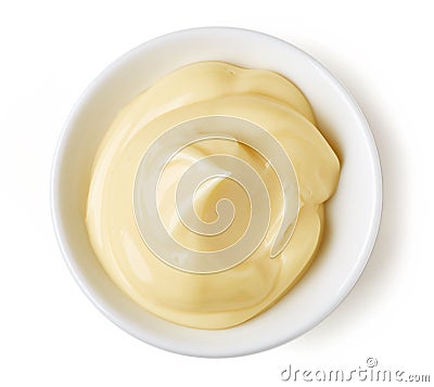 Mayonnaise in round dish on white background Stock Photo