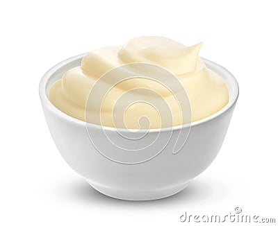 Mayonnaise sauce in bowl isolated on white background. One of the collection of various sauces Stock Photo