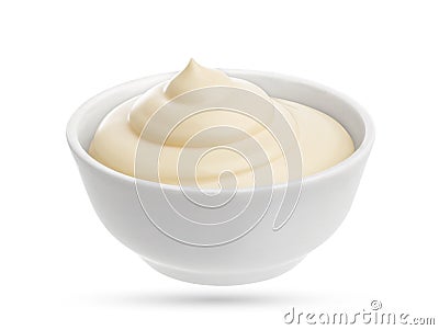 Mayonnaise in small bowl isolated on white background. Stock Photo