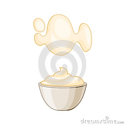 Mayonnaise in small round bowl on a white isolated background. Creamy sauce stain. Side view. Vector set in the cartoon Vector Illustration