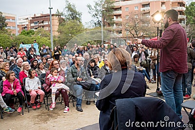 Barcelona, Spain - 07 may 2019: city mayor Ada Colau gives a press conference during re election campaign for party Editorial Stock Photo