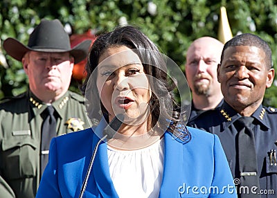 Mayor London Breed at a Press Conf in Union Square discussing the Safe Shopping Initiative Editorial Stock Photo