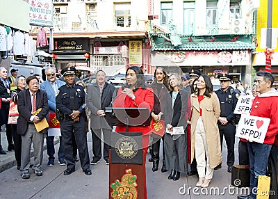 Mayor London Breed providing updates at a Press Conf in Chinatown Editorial Stock Photo