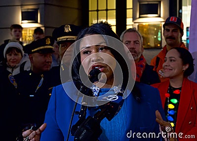 Mayor London Breed at Union Square speaking at the Winter Walk Ribbon Cutting Ceremony Editorial Stock Photo