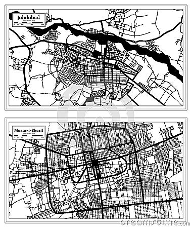 Mazar-i-Sharif and Jalalabad Afghanistan City Map Set in Black and White Color Stock Photo