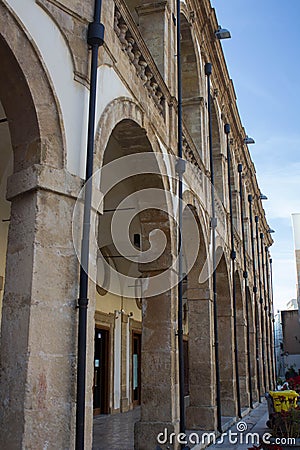 Mazara del Vallo, Sicily, Italy, January 19, 2020 arcades of Piazza della Repubblica Stock Photo