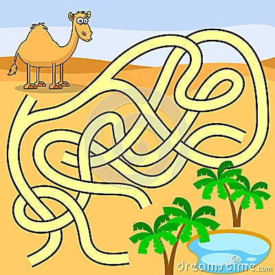 Cartoon Maze Game Education For Kids Help The Camel Get To The Oasis With Water Vector Illustration