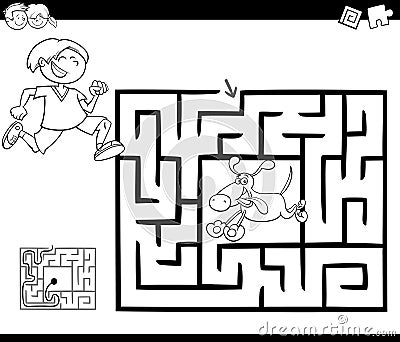 Maze activity game with boy and dog Vector Illustration