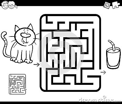 Maze activity game with cat and milk Vector Illustration