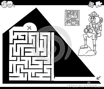 Maze activity game with traveler and pyramid Vector Illustration