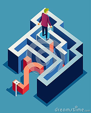 The maze becomes increasingly narrow forcing the individual to squeeze through the tight spaces as they navigate through Vector Illustration