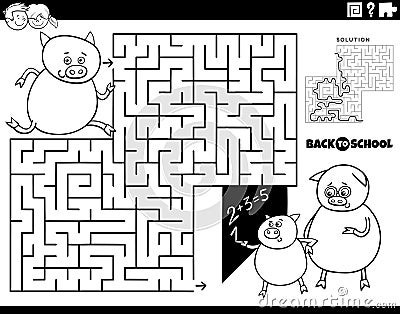 Maze with cartoon piglet running to school coloring page Vector Illustration