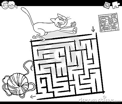 Maze with cat and wool coloring page Vector Illustration