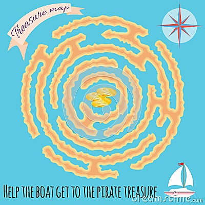 Maze children game. Help the boat get to the pirate treasure. Kids activity sheet Vector Illustration