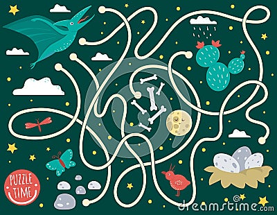 Maze for children. Preschool activity with dinosaur. Puzzle game with pterodactyl, clouds, eggs in nest, bones, butterfly, bird, Vector Illustration