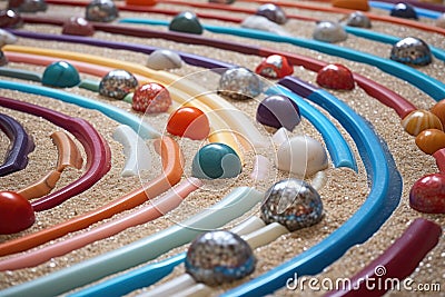 a maze created using marbles of varying colors on a sand backdrop Stock Photo