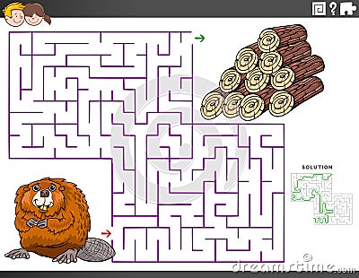 Maze educational game with beaver and wood logs Vector Illustration