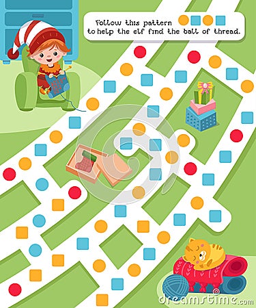 Maze game, activity for children. Game for kids. Help the elf find the ball of thread. Vector illustration. Vector Illustration