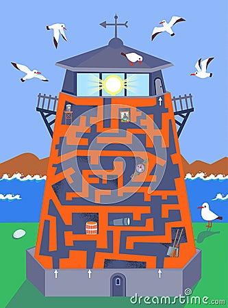 Maze game, activity for children. Vector illustration. Find paths for the lighthouse keeper to climb up to the lantern. Vector Illustration