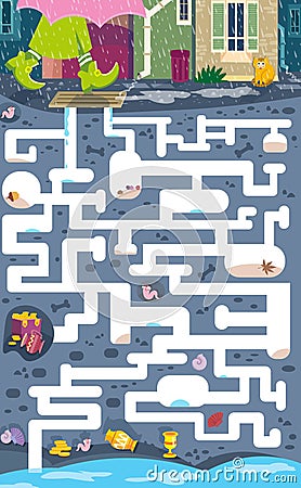 Maze game, activity for children. Vector illustration. Find the ways in which rainwater will fall into the underground Vector Illustration