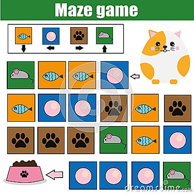 Maze game, animals theme. Kids activity sheet. Logic labyrinth with code navigation. help cat find food Vector Illustration