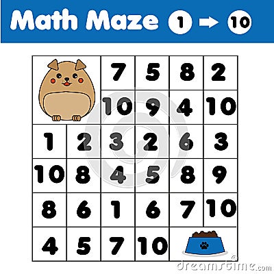 Maze game, animals theme. Kids activity sheet. Mathematics labyrinth with numbers. Counting from one to ten Vector Illustration