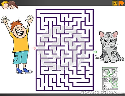 Maze game with cartoon boy and kitten Vector Illustration
