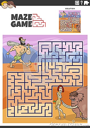 maze game with cartoon couple of cavemen characters Vector Illustration