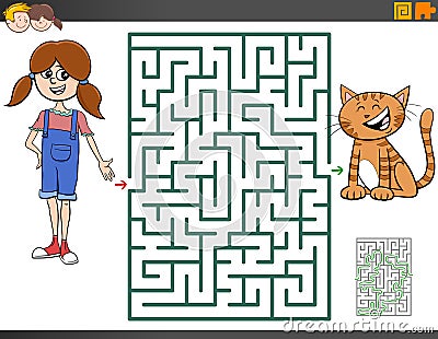 Maze game with cartoon girl and kitten Vector Illustration