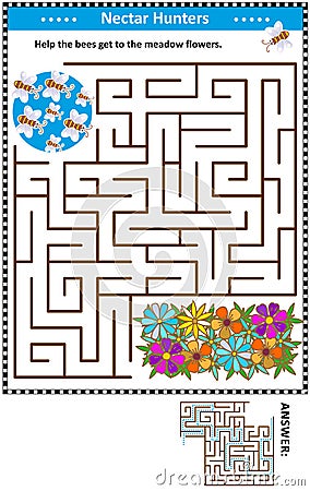 Maze game with bees and flowers Vector Illustration