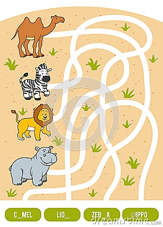 Maze game for children. Camel, Zebra, Lion and Hippo Vector Illustration
