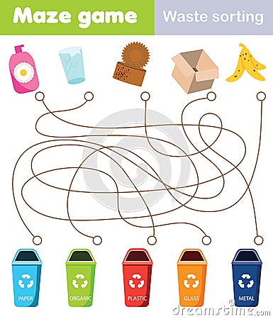 Maze game for children. Connect waste and trash bin. Waste sorting theme activity for toddlers and kids Vector Illustration