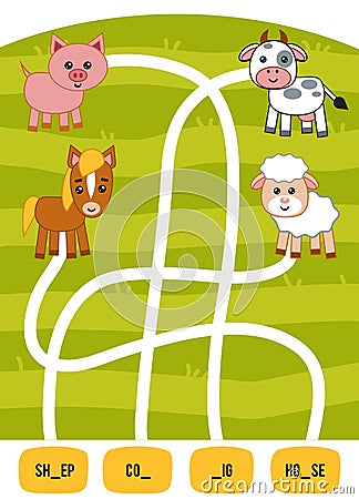 Maze game for children. Cow, Sheep, Horse and Pig Vector Illustration