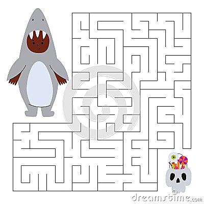 Maze game for children. Cute boy in costume shark looking for a way to the skull bag with sweets. Children's Vector Illustration