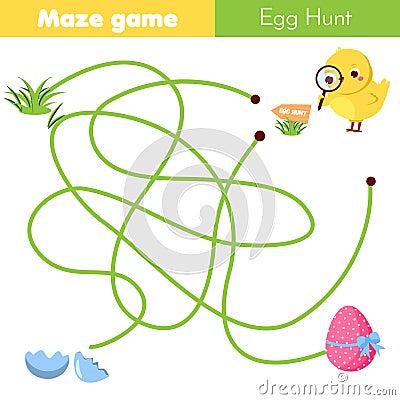 Maze game for children. Easter egg hunt activity. Help chicken find way to egg Vector Illustration